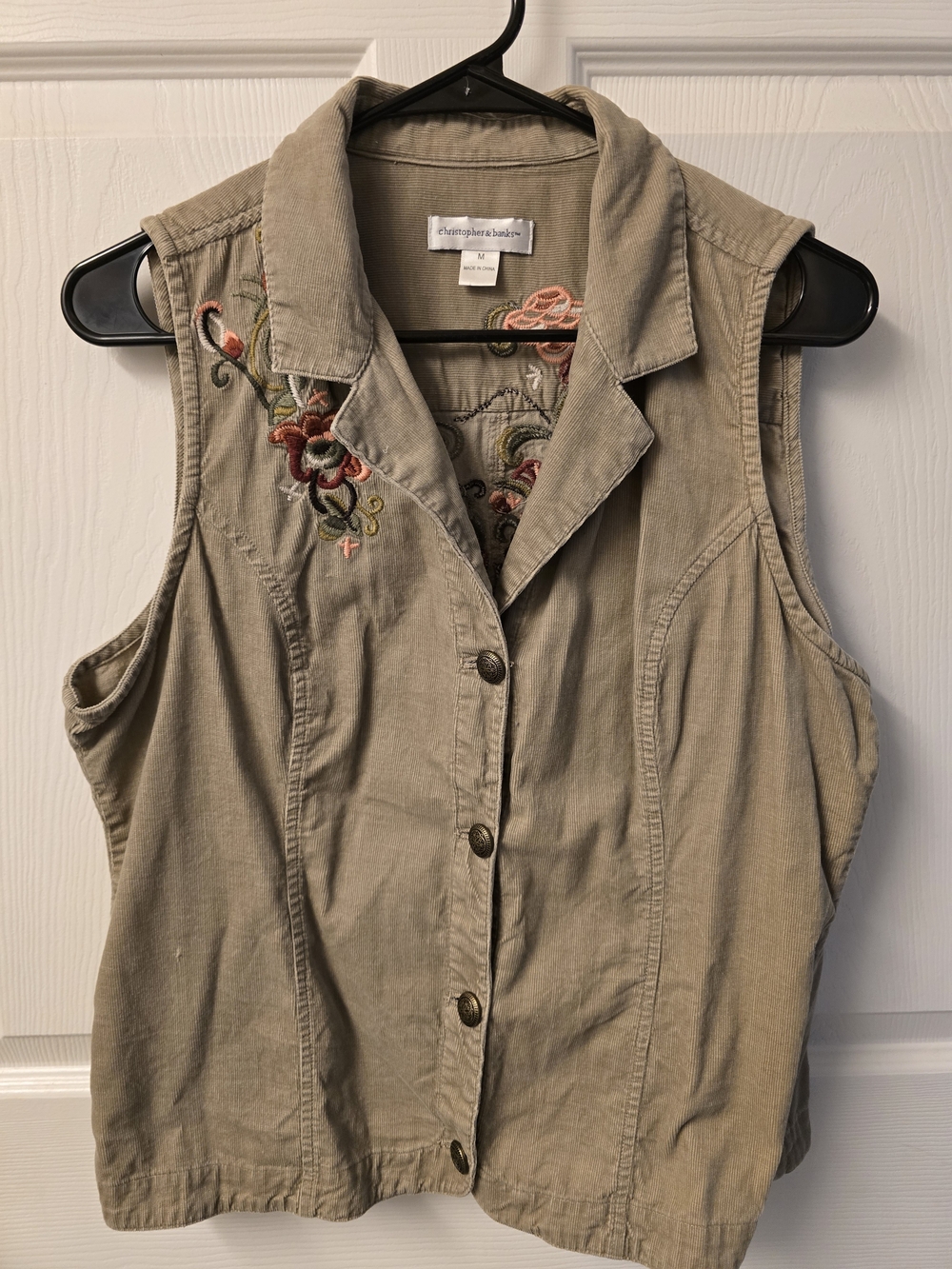 Christopher & Banks Embroidered Button-Front Sleeveless Top in Taupe
